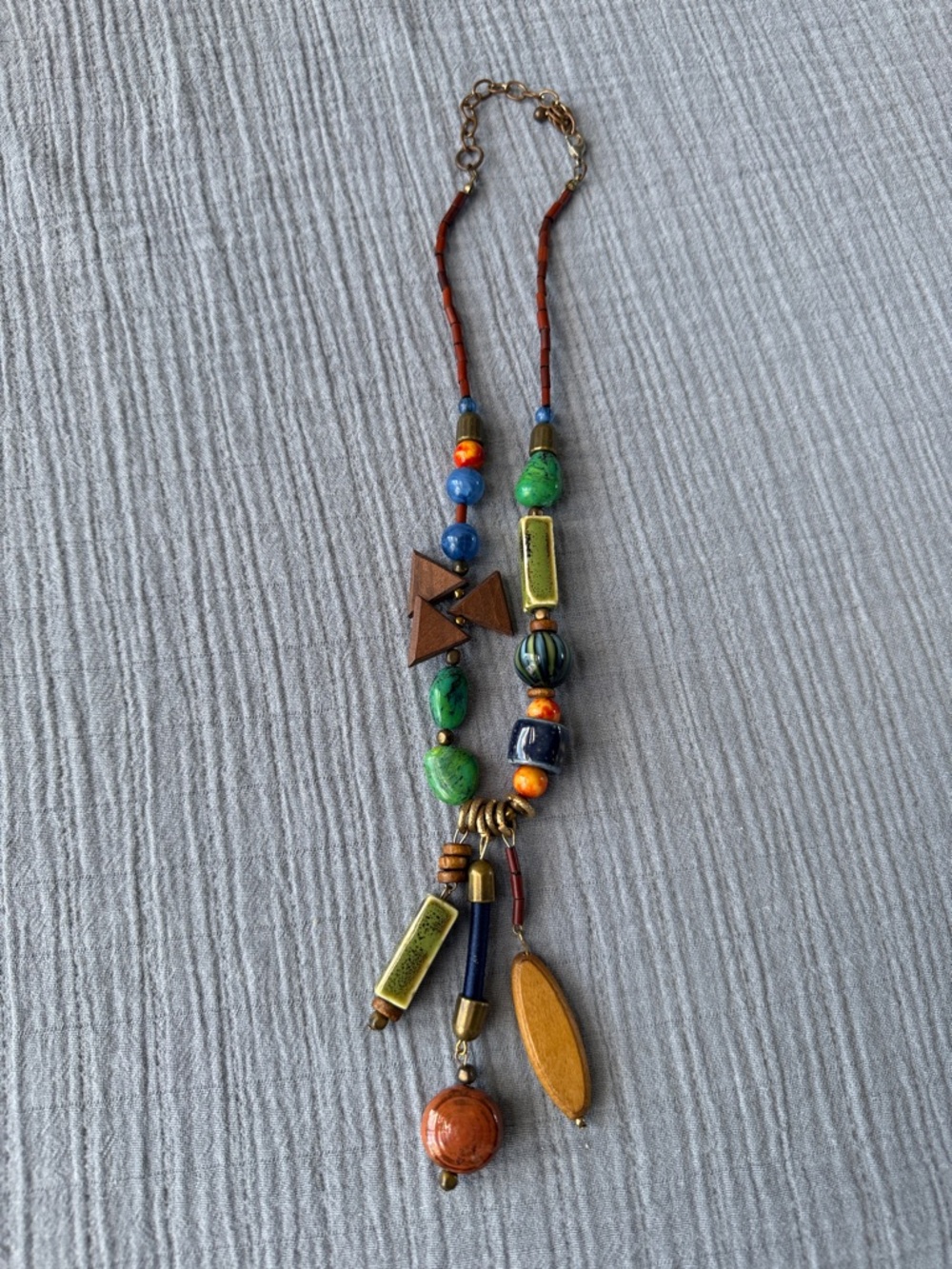 Source Unknown Multicolor Beaded Pendant Necklace - Green, Blue, Orange,Gold EUC